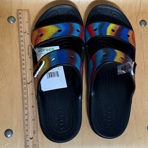 New Classic Crocs Spray Dye Sandal Slides Black Rainbow Colorful NWT - Picture 2 of 11